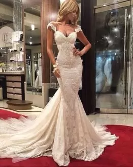 Fashion White Lace Up Straps Lace Wedding Gowns Lace Sleeveless Court Train