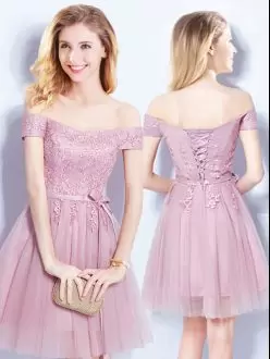 High Class Mini Length Pink Bridesmaids Dress Off The Shoulder Sleeveless Lace Up