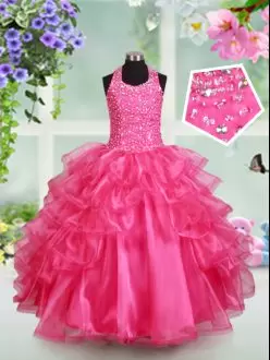 Elegant Sleeveless Floor Length Beading and Ruffled Layers Lace Up Girls Pageant Dresses with Hot Pink