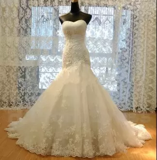 Sweetheart Sleeveless Sweep Train Lace Up Wedding Dress White Tulle Appliques and Hand Made Flower