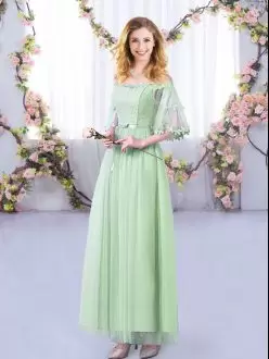 Superior Empire Bridesmaid Dress Apple Green Off The Shoulder Tulle Half Sleeves Floor Length Side Zipper