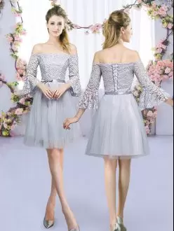 Shining Grey Tulle Lace Up Bridesmaid Dresses 3 4 Length Sleeve Mini Length Lace and Belt