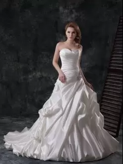 Wonderful White Sleeveless Court Train Beading and Appliques and Ruching and Pick Ups Wedding Gowns