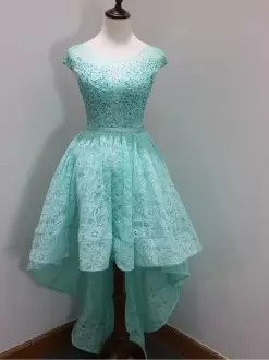 Aqua Blue Cap Sleeves Lace Zipper Bridesmaid Dress for Prom and Party and Wedding Party
