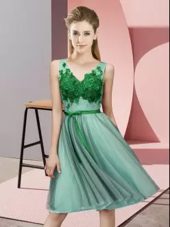 Edgy V-neck Sleeveless Lace Up Wedding Guest Dresses Apple Green Tulle Appliques