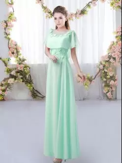 Sumptuous Apple Green Empire Chiffon Scoop Short Sleeves Appliques Floor Length Zipper Bridesmaids Dress