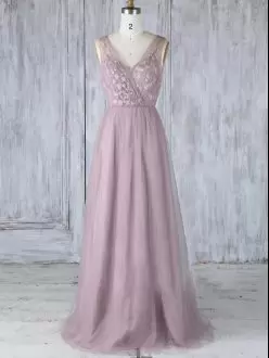Admirable Floor Length Criss Cross Bridesmaid Dress Lavender for Prom and Wedding Party with Appliques