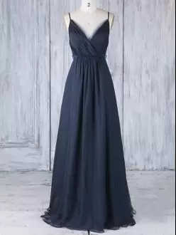 Adorable Navy Blue Sleeveless Floor Length Ruching Backless Bridesmaid Dress Spaghetti Straps