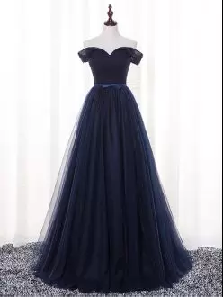 Beautiful Floor Length Navy Blue Wedding Guest Dresses Off The Shoulder Sleeveless Lace Up