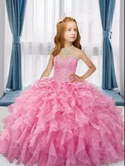 Rose Pink Ball Gown Organza Ruffles High-neck Little Girl Pageant Dress