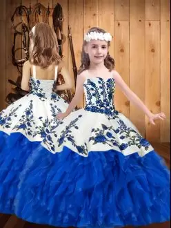 Blue And White Winning Pageant Gowns Party and Sweet 16 and Quinceanera and Wedding Party with Embroidery and Ruffles Straps Sleeveless Lace Up