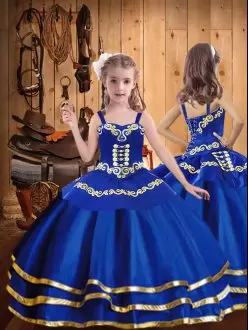 Royal Blue Lace Up Straps Beading and Embroidery and Ruffled Layers Pageant Gowns Organza Sleeveless