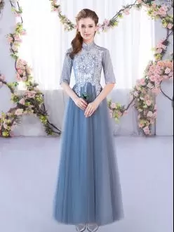 Attractive A-line Court Dresses for Sweet 16 Blue High-neck Tulle Half Sleeves Floor Length Lace Up