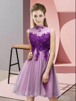 Lilac Tulle Lace Up High-neck Sleeveless Knee Length Dama Dress for Quinceanera Appliques