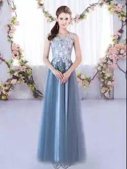 Stunning Floor Length Blue Wedding Guest Dresses V-neck Sleeveless Lace Up