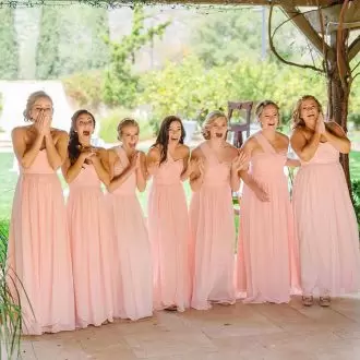 Sleeveless Floor Length Beading and Lace Lace Up Bridesmaids Dress with Pink and Peach Sweep Train