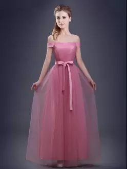 Pretty Empire Wedding Guest Dresses Pink Off The Shoulder Tulle Sleeveless Floor Length Lace Up