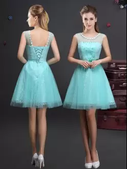 Fantastic Mini Length Aqua Blue Quinceanera Court of Honor Dress Tulle Sleeveless Beading and Lace and Appliques and Belt