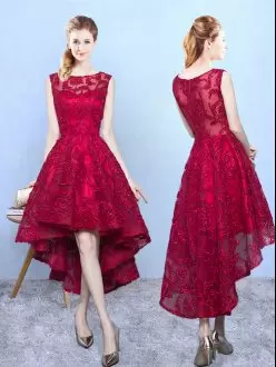 Simple Burgundy A-line Scoop Sleeveless Lace High Low Zipper Lace Quinceanera Dama Dress