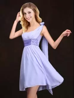 Mini Length Zipper Bridesmaid Gown Lavender for Prom and Party and Wedding Party with Ruching and Hand Made Flower