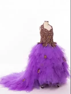 Custom Made Ball Gowns Sleeveless Eggplant Purple Glitz Pageant Dress Court Train Lace Up