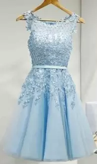 Baby Blue Sleeveless Beading and Appliques Mini Length Bridesmaid Gown