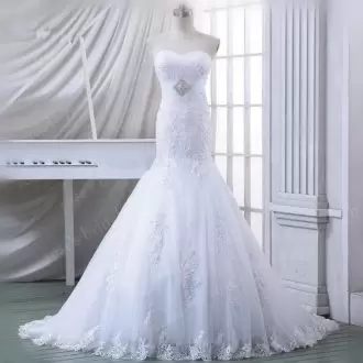 Beading and Lace Wedding Gown White Zipper Sleeveless Court Train
