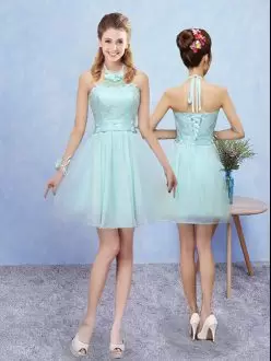 Tulle Halter Top Sleeveless Lace Up Lace Bridesmaid Dresses in Aqua Blue