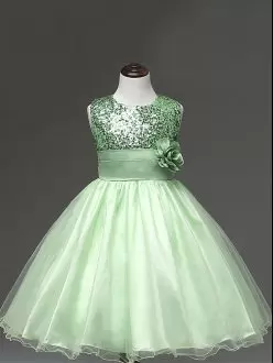 Eye-catching Apple Green Tulle Zipper Child Pageant Dress Sleeveless Knee Length Sequins and Hand Made Flower