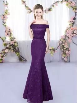 Customized Purple Sleeveless Lace Floor Length Bridesmaid Dresses