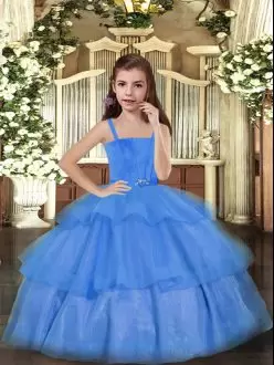 Custom Designed Blue Lace Up Straps Ruffled Layers Custom Made Pageant Dress Tulle Sleeveless