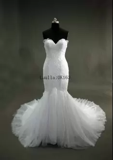 Custom Fit Court Train Mermaid Wedding Gown White Sweetheart Tulle Sleeveless With Train Zipper