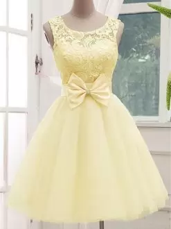 Fashionable Knee Length Lace Up Bridesmaid Dresses Light Yellow for Prom and Party and Wedding Party with Lace and Bowknot