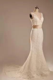Hot Sale White Wedding Gown Lace Brush Train Sleeveless Lace and Belt