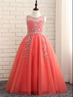 Watermelon Red Zipper Winning Pageant Gowns Beading Sleeveless Floor Length