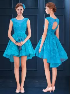 Cheap High Low A-line Scoop Illusion Aqua Blue Bridesmaid Dress Lace Up Back