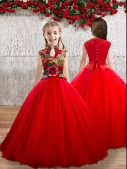 Red Tulle Lace Up Flower Girl Dresses Sleeveless Floor Length Appliques
