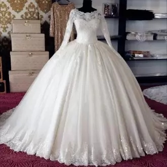 Scoop Long Sleeves Celebrity Dress With Train Chapel Train Appliques White Tulle