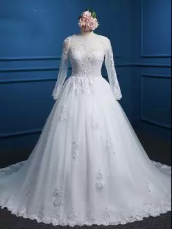 Graceful Long Sleeves Lace and Appliques Zipper Celebrity Style Dress with White Court Train