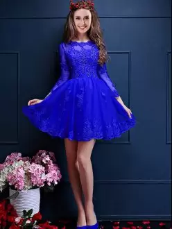 3 4 Length Sleeve Chiffon Mini Length Lace Up Wedding Party Dress in Blue with Beading and Lace and Appliques