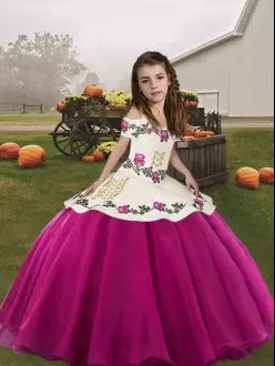 Fuchsia Ball Gowns Embroidery Kids Formal Wear Lace Up Organza Sleeveless Floor Length