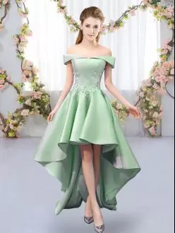 Green A-line Appliques Court Dresses for Sweet 16 Lace Up Satin Sleeveless High Low