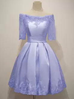 Traditional Lavender A-line Taffeta Off The Shoulder Half Sleeves Lace Knee Length Lace Up Court Dresses for Sweet 16