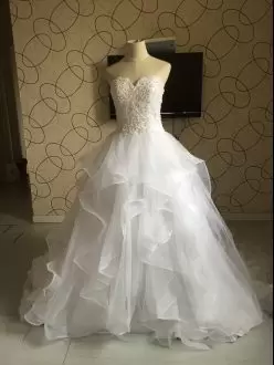 Simple Sleeveless Floor Length Beading and Ruffles Lace Up Bridal Gown with White