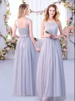Most Popular Lace and Belt Bridesmaid Dresses Grey Side Zipper Sleeveless Floor Length