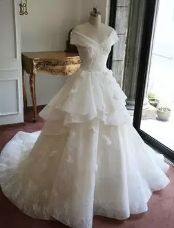 White A-line Lace Off The Shoulder Cap Sleeves Lace Bridal Gown Court Train