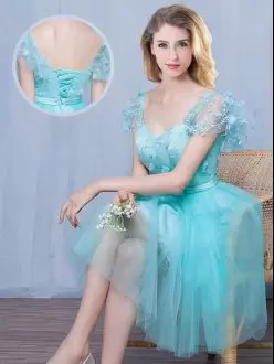 Sweetheart Short Sleeves Bridesmaid Dresses Knee Length Lace and Appliques and Bowknot Aqua Blue Tulle