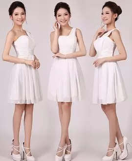 White Chiffon Lace Up One Shoulder Sleeveless Mini Length Bridesmaids Dress Ruching