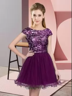 Fashionable Purple Scoop Zipper Sequins Bridesmaid Dress Cap Sleeves