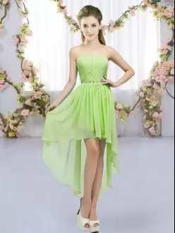 Sleeveless Chiffon High Low Lace Up Wedding Party Dress in Yellow Green with Beading